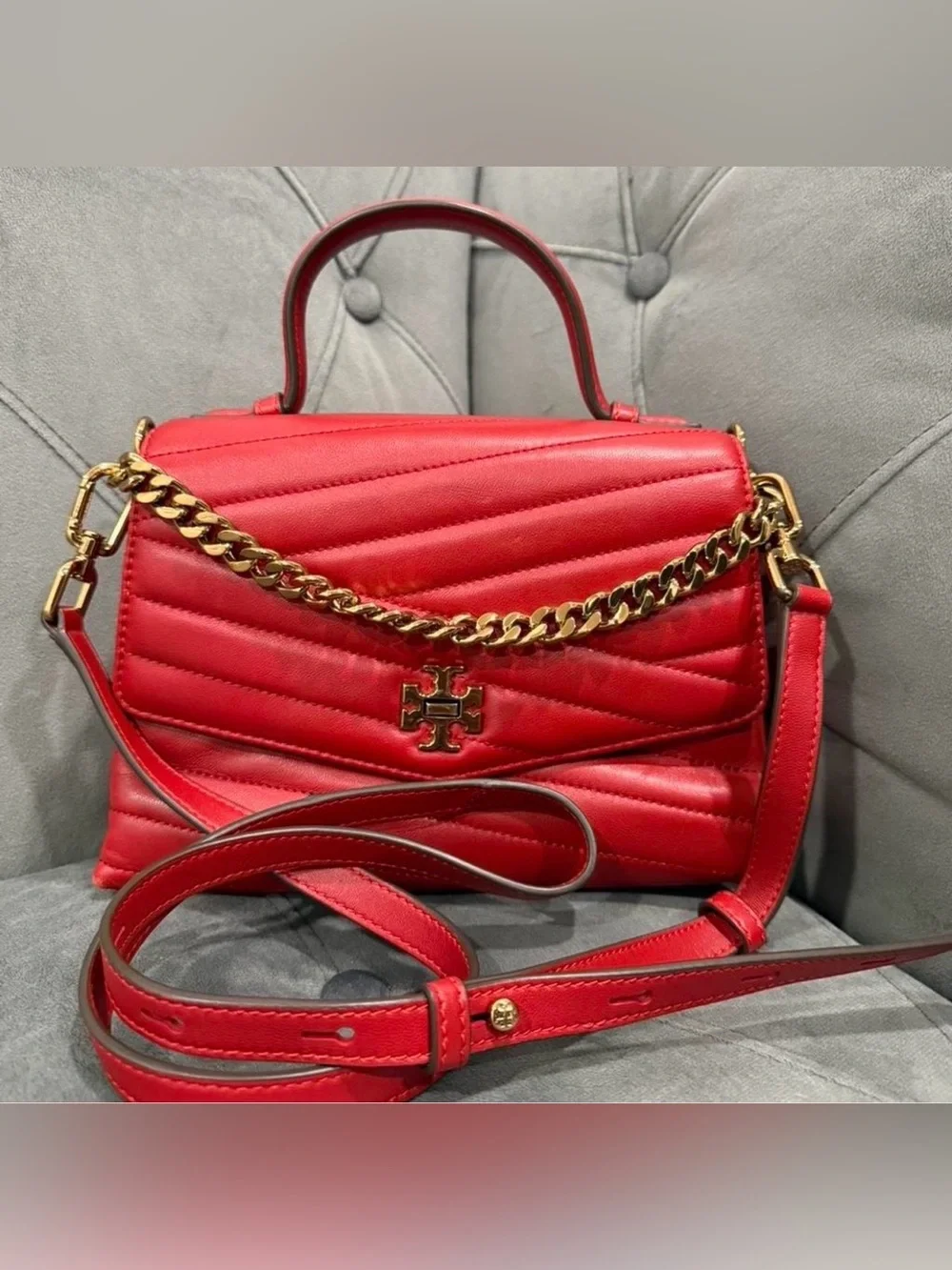 ⭐️Tory Burch Red Quilted Leather Chain Top-Handle Shoulder Bag